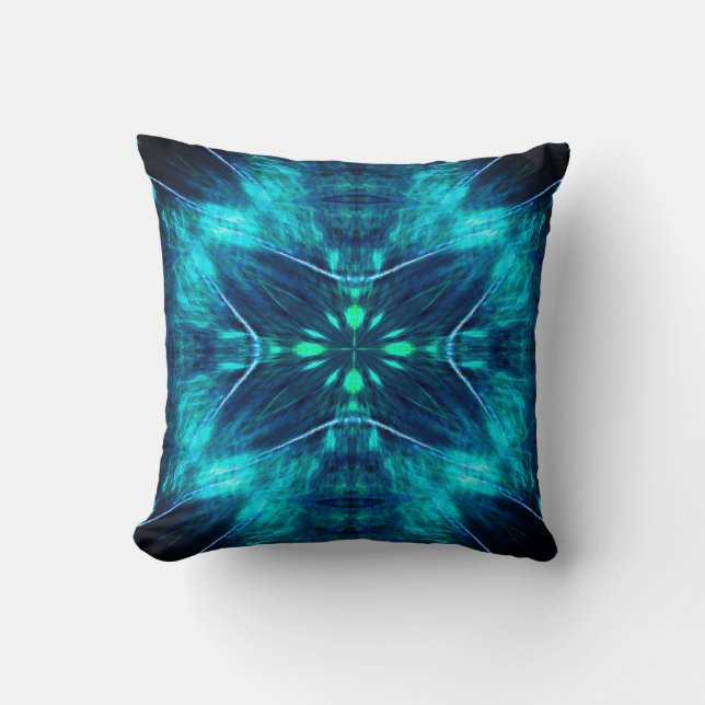 Abstract Bloom Aqua and Blue Fractal Design Cushion (Front)