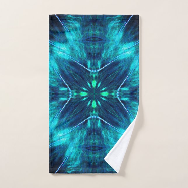 Abstract Bloom Aqua and Blue Fractal Design Hand Towel (Hand Towel)