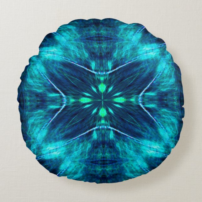 Abstract Bloom Aqua and Blue Fractal Design Round Cushion (Front)