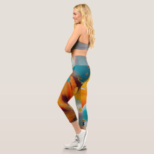Abstract Bloom in Orange and Teal Capri Leggings