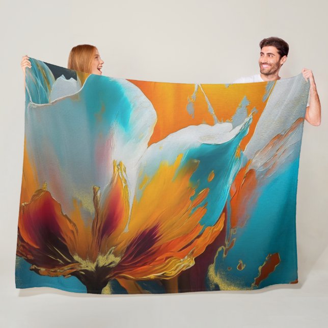 Abstract Bloom in Orange and Teal Fleece Blanket (In Situ)