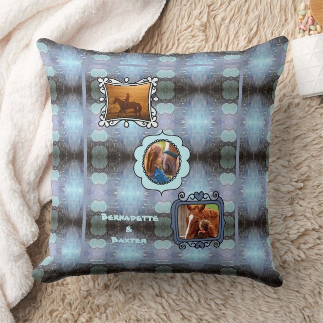 Abstract Blue 3 Photo Horse Pet Collage and Name Cushion (Blanket)