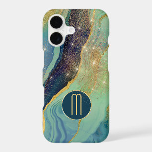 Abstract Blue Agate Gold Star Shine Monogram