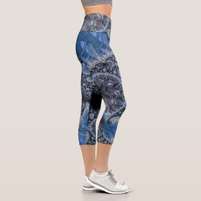 Abstract Blue and Black Intricate Fractal Capri Leggings (Right)