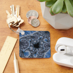 Abstract Blue and Black Intricate Fractal Key Ring