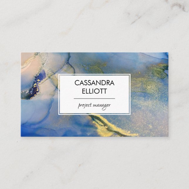 Abstract Blue and Gold Alcohol Ink Liquid Art Business Card (Front)