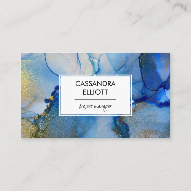 Abstract Blue and Gold Alcohol Ink Liquid Art Business Card (Front)