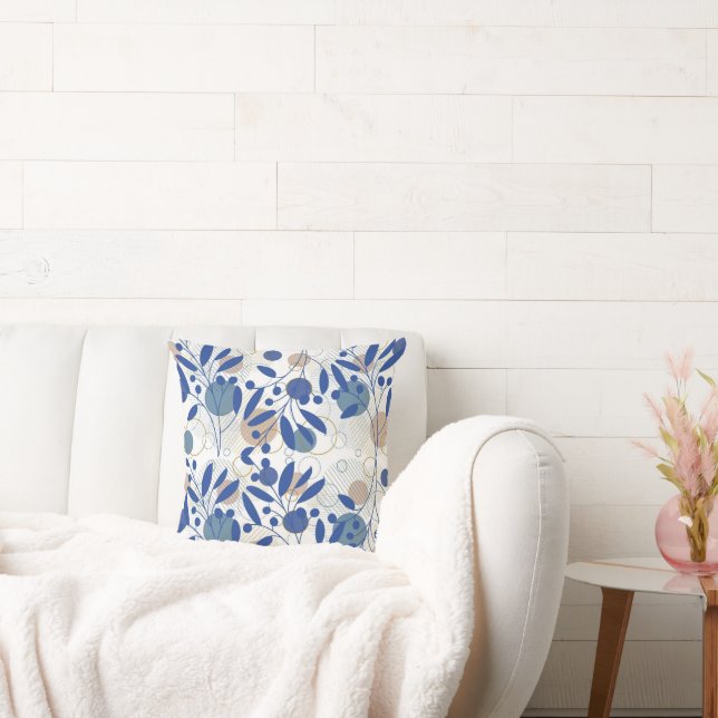 Abstract blue and gold botanical leaf cushion (Couch)