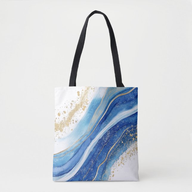 Abstract Blue and Gold Marble Pattern Tote Bag (Front)