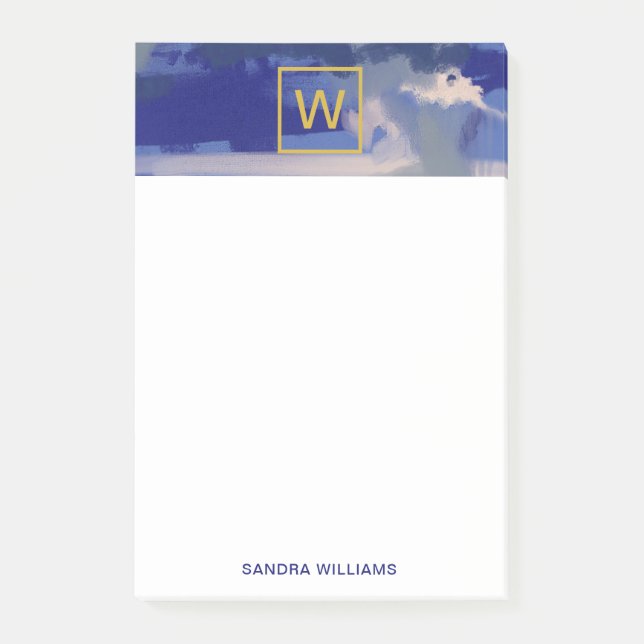 Abstract Blue and Gold Monogram Watercolor Post-it Notes (Front)