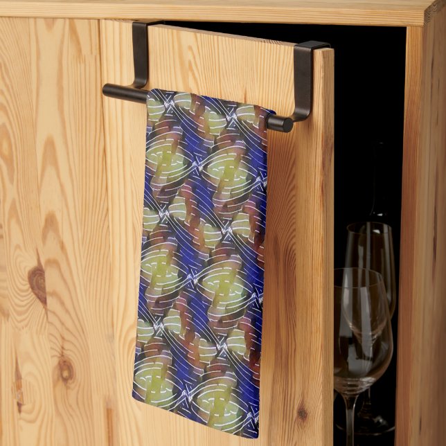 Abstract blue and gold wave geometric pattern 1299 tea towel (Thirds Fold)