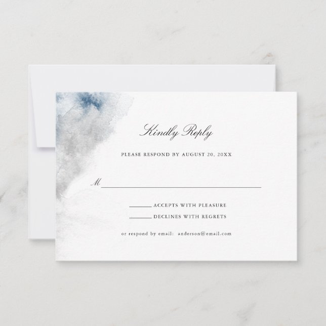 Abstract Blue and Grey Watercolor Winter Wedding RSVP Card (Front)