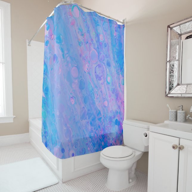 Abstract Blue and Pink Bubbly Mermaid Ocean Shower Curtain (In Situ)