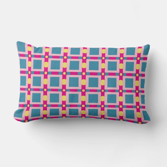 Abstract Blue and Pink Pattern Squares and Dots Lumbar Cushion (Front)