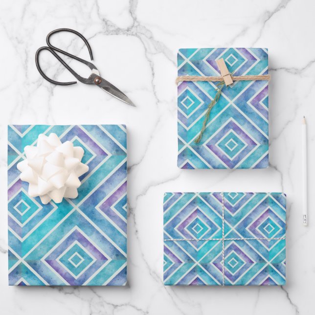 Abstract blue and purple geometric square tiles   wrapping paper sheet (Front)