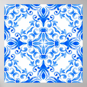 Abstract blue and white hand drawn tile seamless o poster