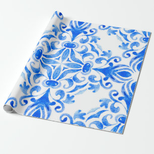 Abstract blue and white hand drawn tile seamless o wrapping paper