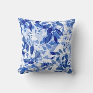 Abstract Blue and White Leaves Cushion