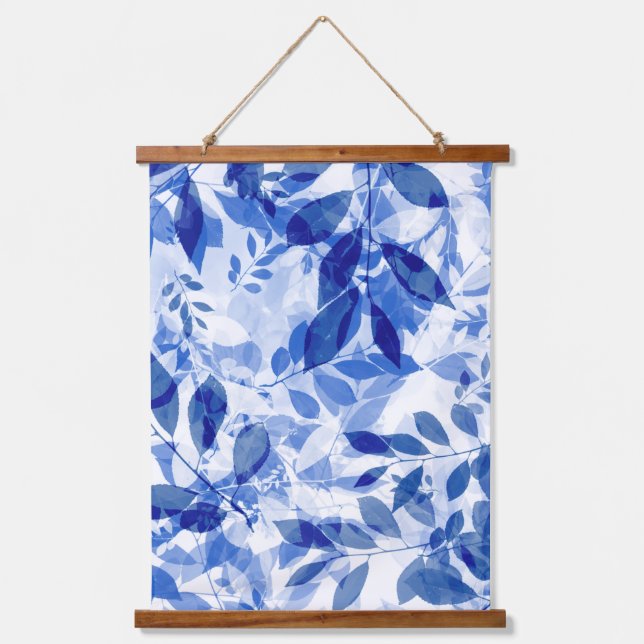 Abstract Blue and White Leaves Hanging Tapestry (Front)