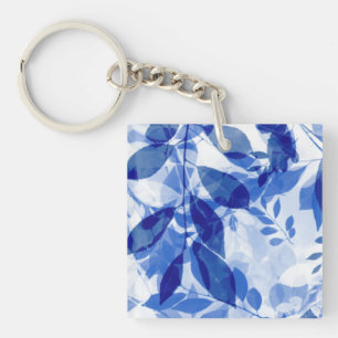 Abstract Blue and White Leaves Key Ring