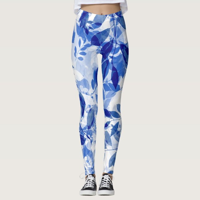 Abstract Blue and White Leaves Leggings (Front)