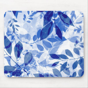 Abstract Blue and White Leaves Mouse Pad