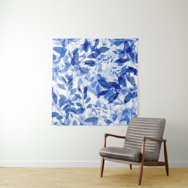 Abstract Blue and White Leaves Tapestry (In Situ (Horizontal))