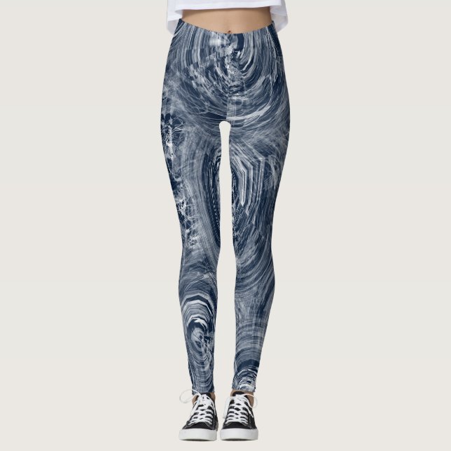 Abstract Blue and White Swirl Pattern Leggings (Front)
