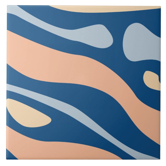 Abstract Blue Beige Peach Wavy Liquid Pattern Ceramic Tile (Front)