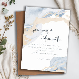 Abstract Blue Beige Sea Waves Sand Beach Wedding Invitation