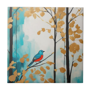 Abstract Blue Bird In Autumn Golden Leaves Forest Ceramic Tile