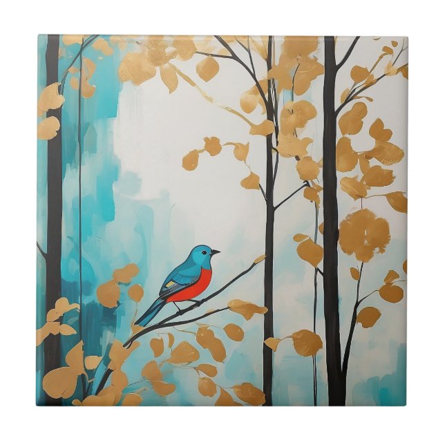 Abstract Blue Bird In Autumn Golden Leaves Forest Ceramic Tile (Front)