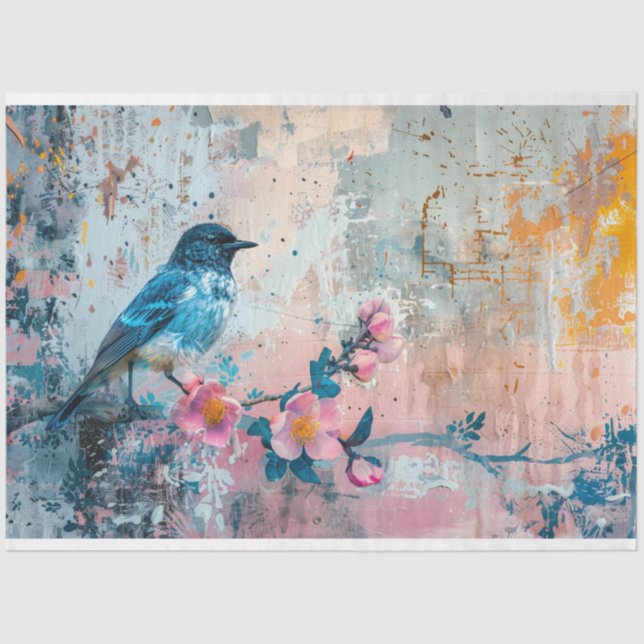 Abstract Blue Bird on a Limb Background Decoupage Tissue Paper (Front)