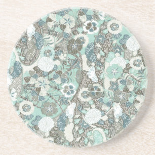 Abstract Blue Brown Flowers Coaster