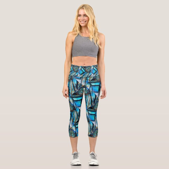 Abstract blue butterfly capri leggings (Front)