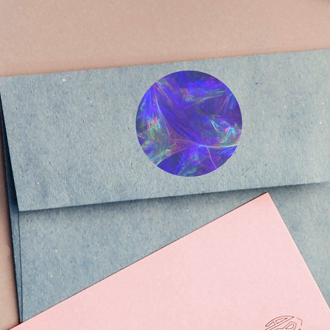 Abstract Blue Colourful Mists Classic Round Sticker (Abstract design vibrant cosmic pattern in pink, blue, green on round stickers.)