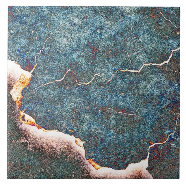 Abstract Blue Cracked Stone Rust Ceramic Tile (Front)