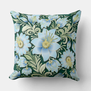 Abstract Blue Floral Ornament on Green Background Cushion