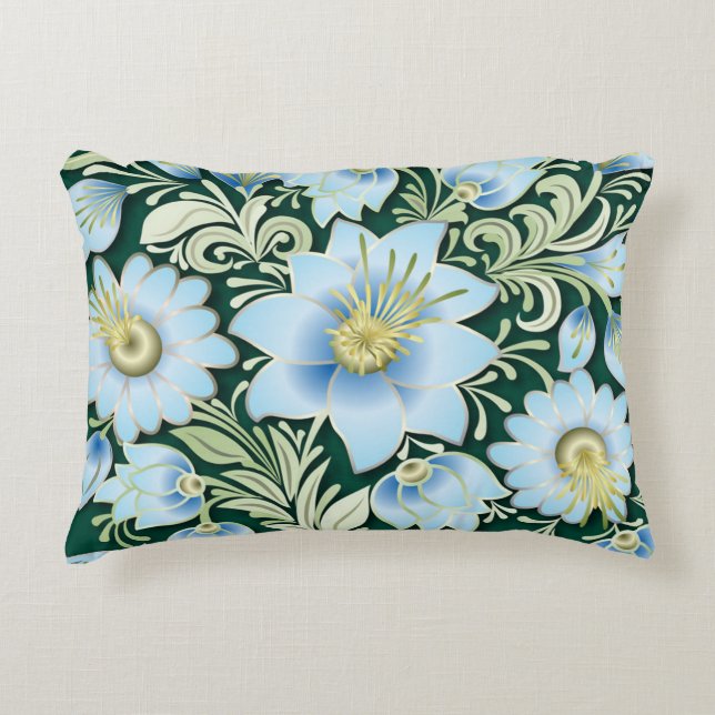 Abstract Blue Floral Ornament on Green Background  Decorative Cushion (Front)