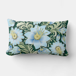 Abstract Blue Floral Ornament on Green Background Lumbar Cushion