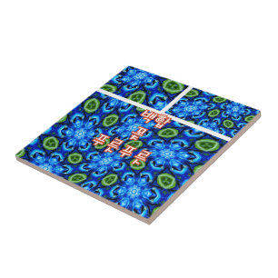 Abstract Blue Floral Pattern Ceramic Tile