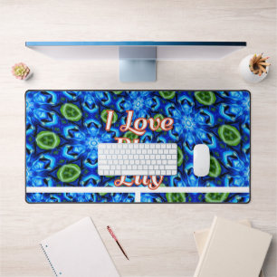 Abstract Blue Floral Pattern Desk Mat
