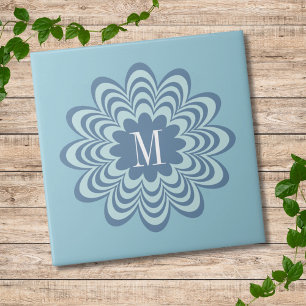 Abstract Blue Flower Custom Monogram Initial Ceramic Tile
