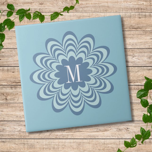 Abstract Blue Flower Custom Monogram Initial  Ceramic Tile (Creator Uploaded)