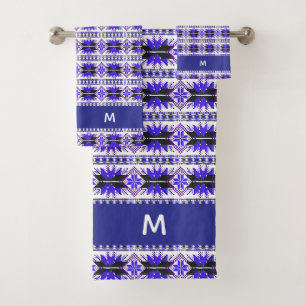 Abstract Blue Flower Pattern on White Bath Towel Set