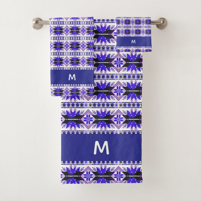 Abstract Blue Flower Pattern on White  Bath Towel Set (Insitu)