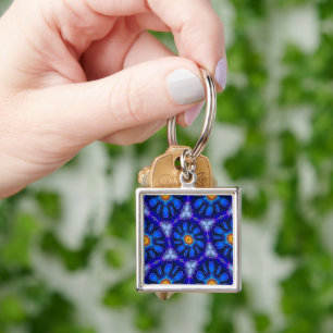 Abstract Blue Flowers Pattern Key Ring