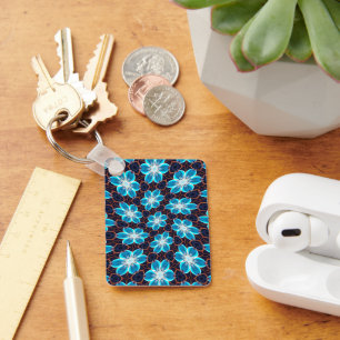 Abstract Blue Flowers Pattern Key Ring