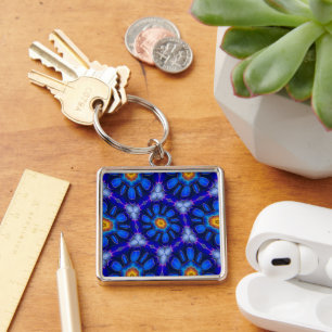 Abstract Blue Flowers Pattern Key Ring