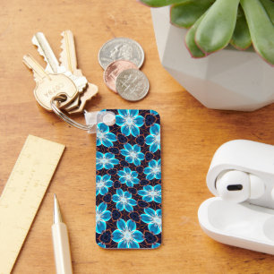 Abstract Blue Flowers Pattern Key Ring